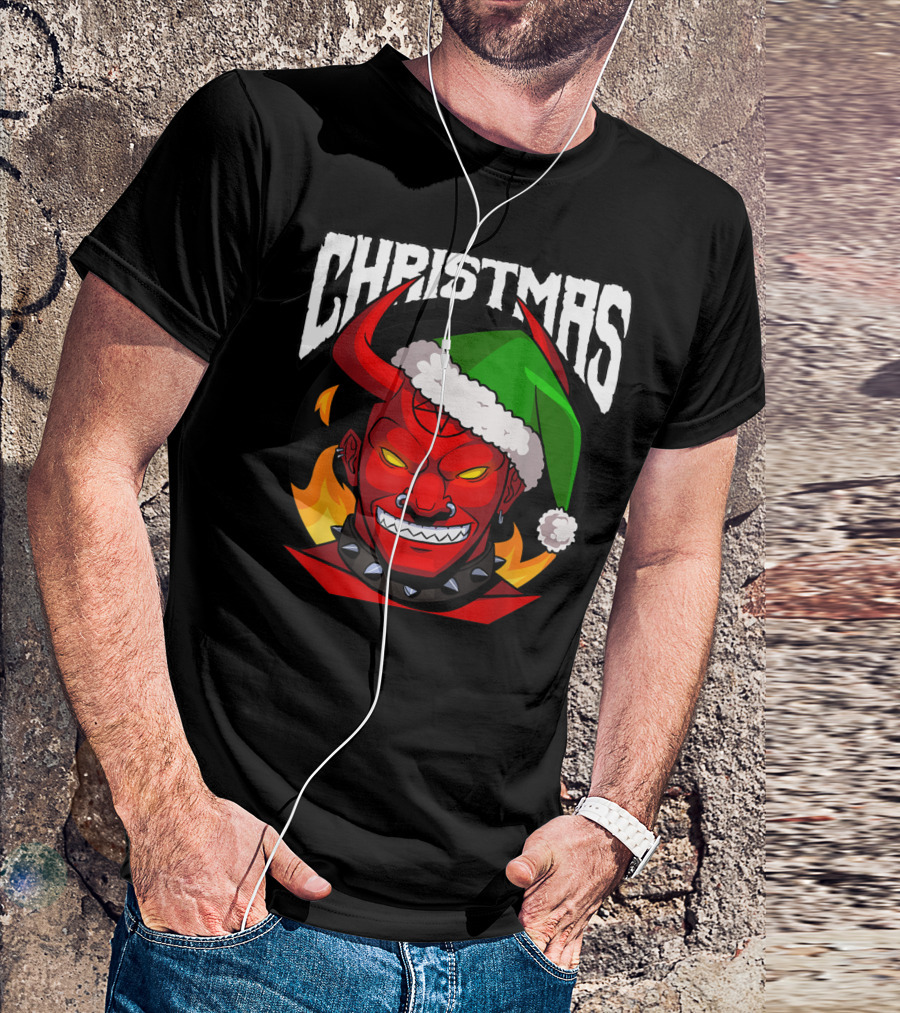 Christmas Santa Evil Satan Demon Flame Horns Hat T-Shirt