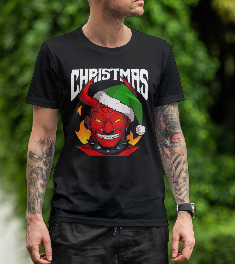 Christmas Santa Evil Satan Demon Flame Horns Hat T-Shirt