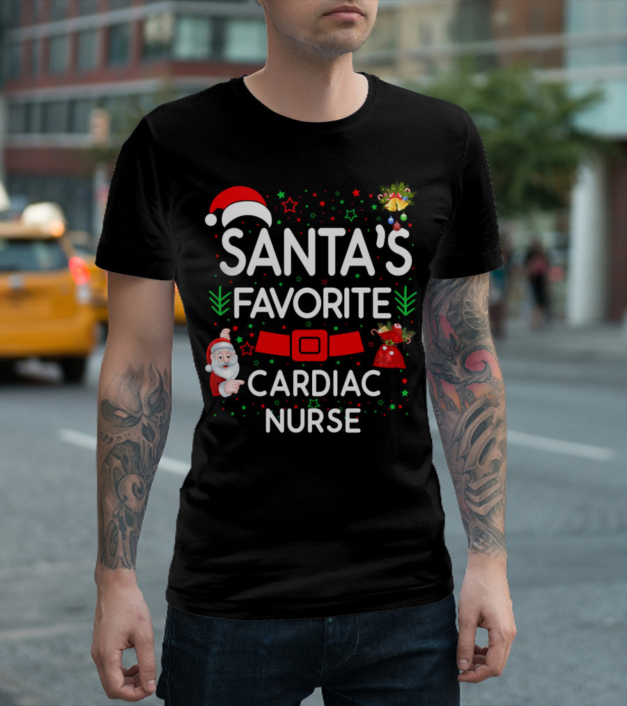 Santa's Favorite Cardiac Nurse Christmas Fun with Santa Hat and Festive Elements T-Shirt