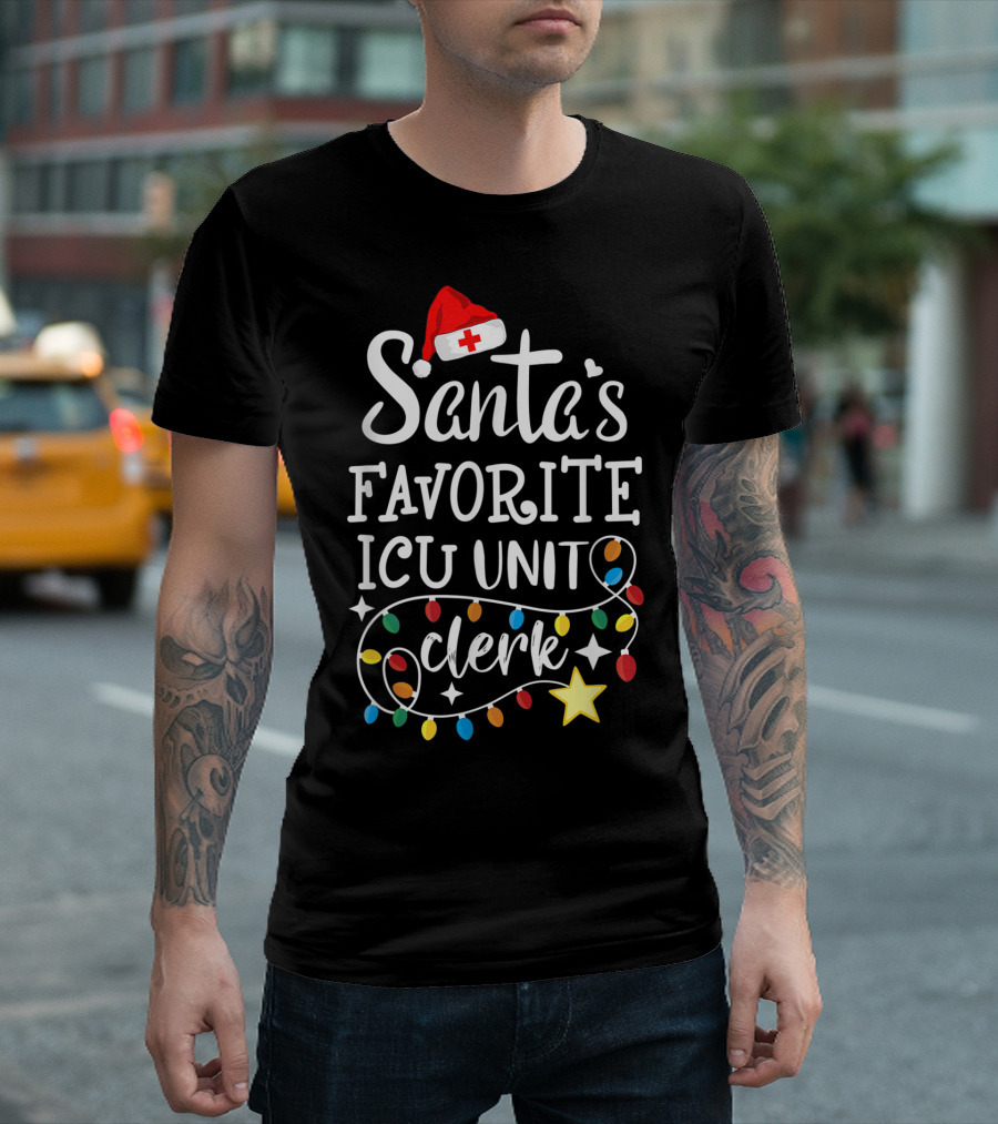 Santa's Favorite ICU Unit Clerk Christmas Lights Santa Hat T-Shirt
