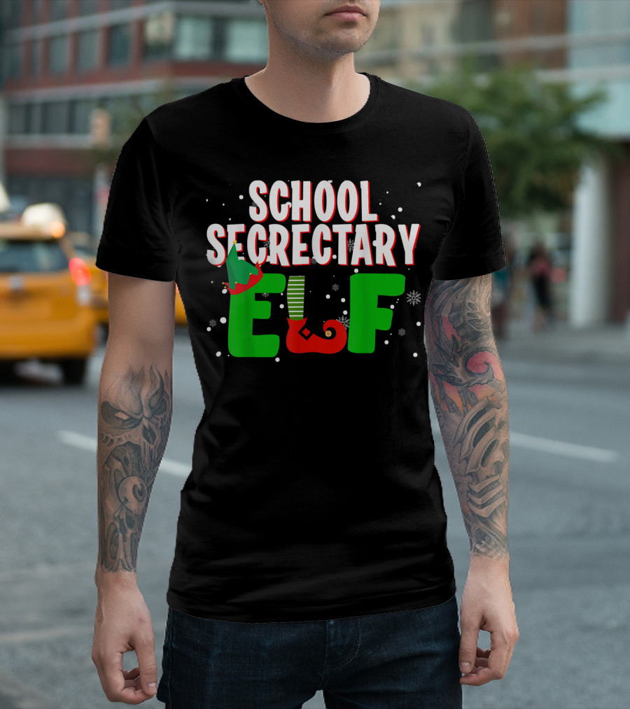 School Secretary Elf Snowflakes Christmas Hat And Shoes T-Shirt