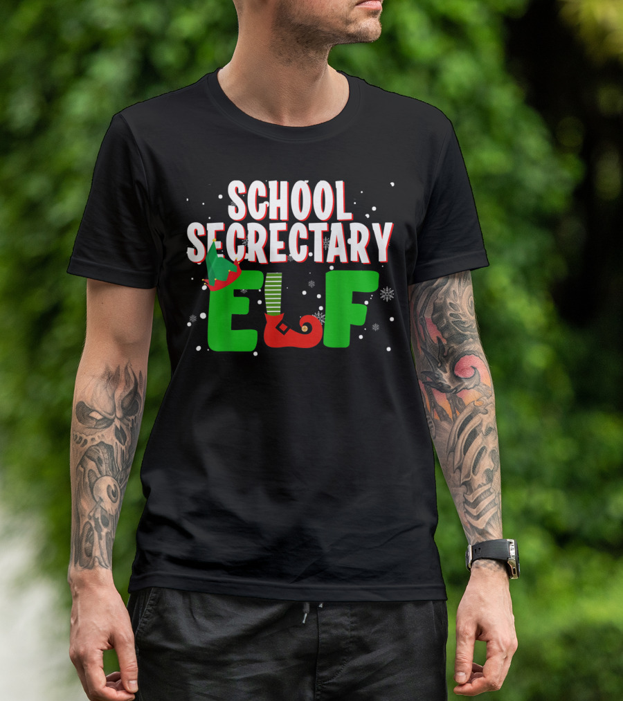 School Secretary Elf Snowflakes Christmas Hat And Shoes T-Shirt