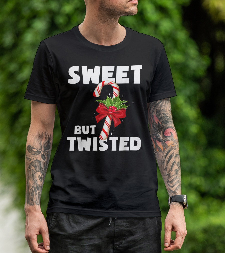 Sweet But Twisted Candy Cane Holly Bow Christmas Holiday T-Shirt