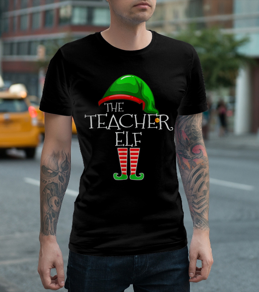 The Teacher Elf Christmas Green Hat and Striped Stockings T-Shirt