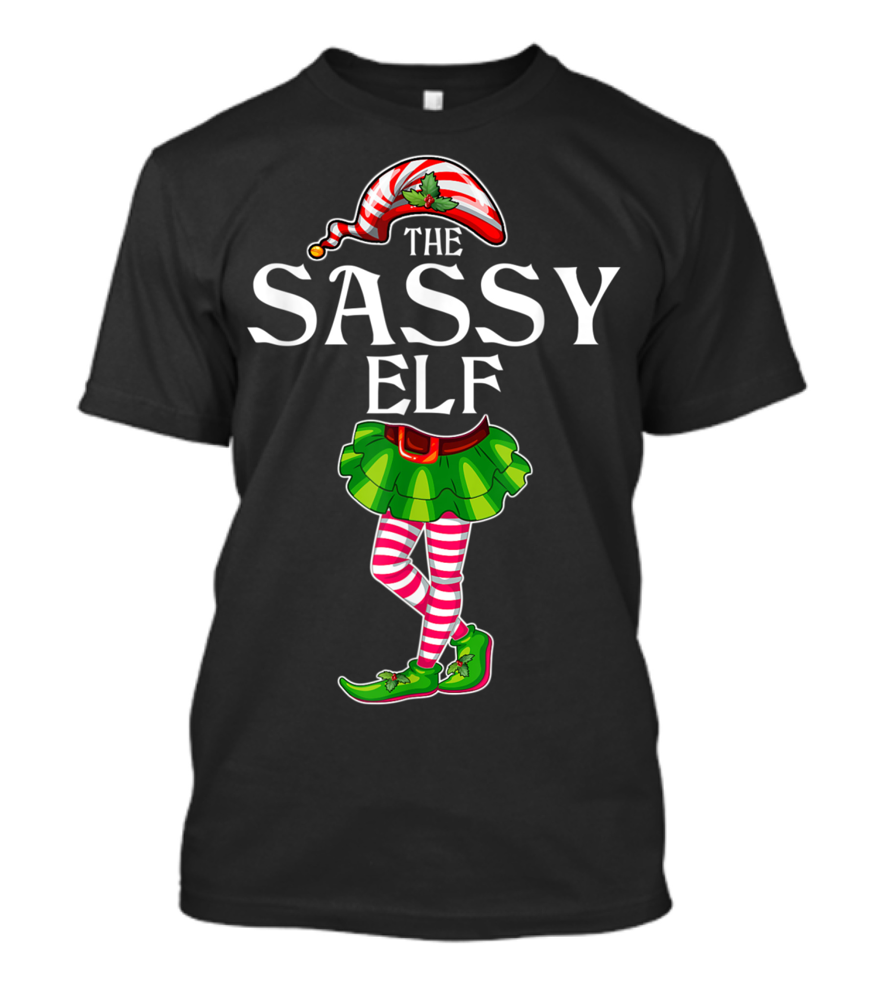 The Sassy Elf Christmas Holiday Outfit With Striped Stockings And Green Skirt T-Shirt