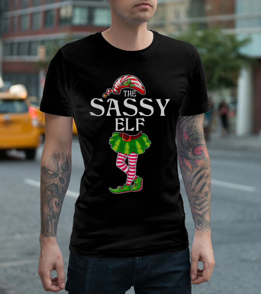 The Sassy Elf Christmas Holiday Outfit With Striped Stockings And Green Skirt T-Shirt