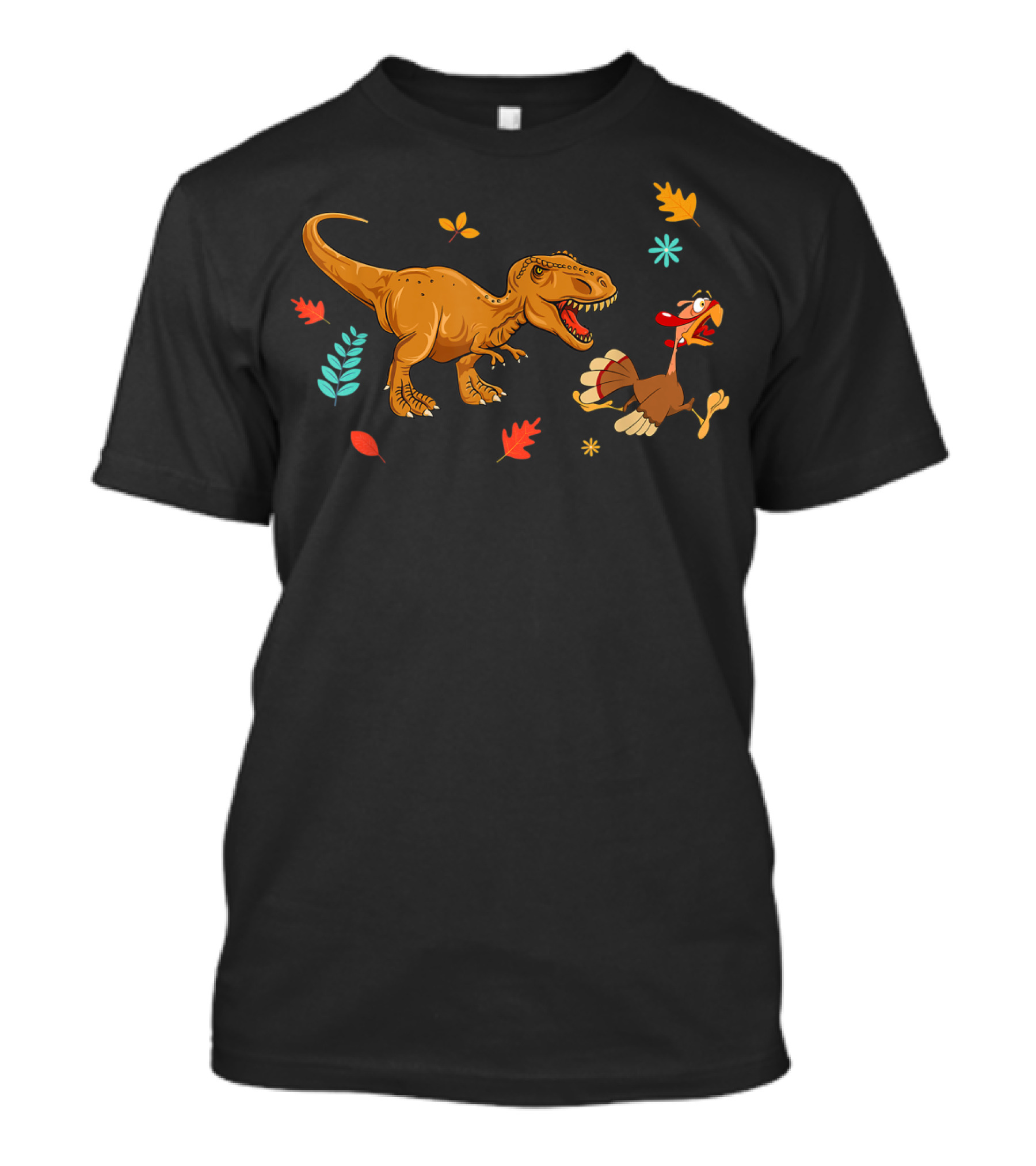 Turkey Rex Dinosaur Thanksgiving Chase With Autumn Leaves T-Shirt
