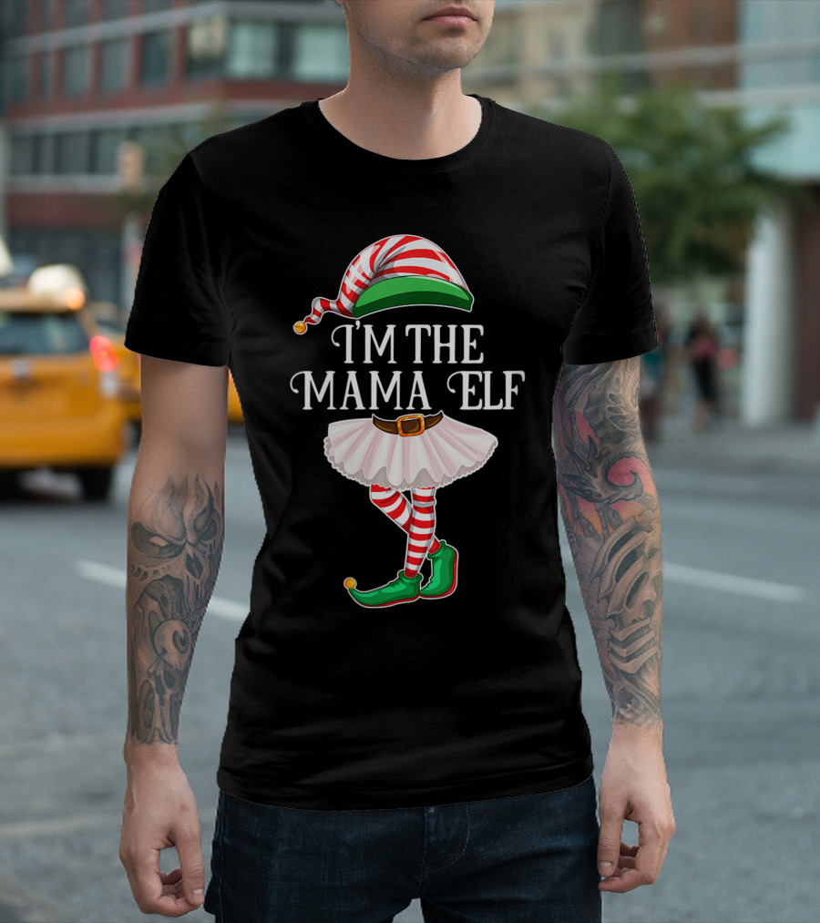 I'M THE MAMA ELF Christmas Elf Outfit With Striped Hat And Tutu T-Shirt