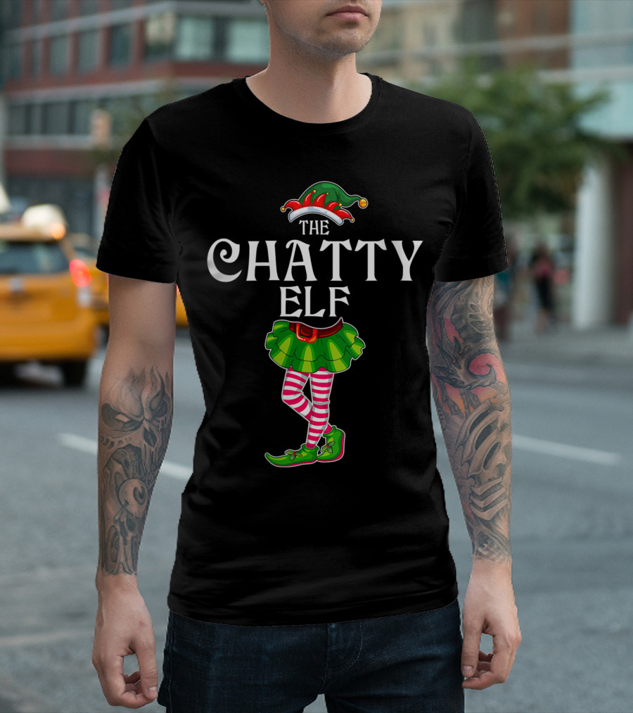THE CHATTY ELF Festive Holiday Costume Concept with Striped Stockings and Jingle Bell Hat T-Shirt