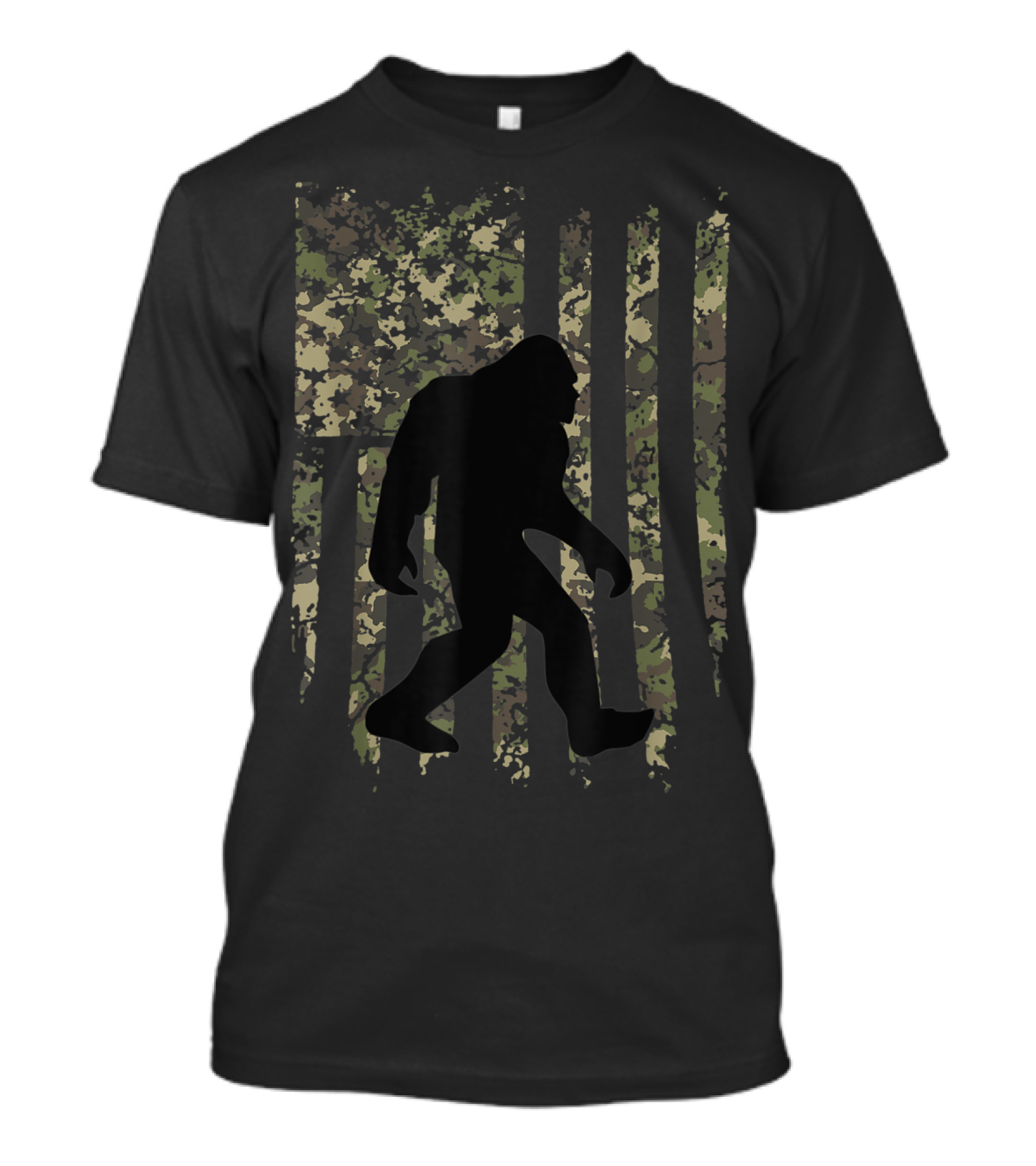 Bigfoot Camouflage Silhouette Sasquatch With Patriotic American Flag Background T-Shirt