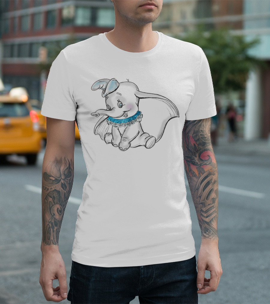 Disney Dumbo Sitting Dumbo Sketch With Blue And White Collar T-Shirt