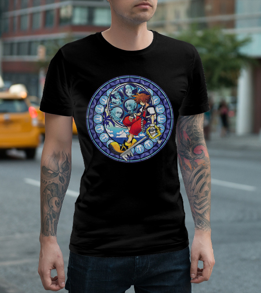 Disney Kingdom Hearts Sora with Keyblade and Stained Glass Mosaic T-Shirt