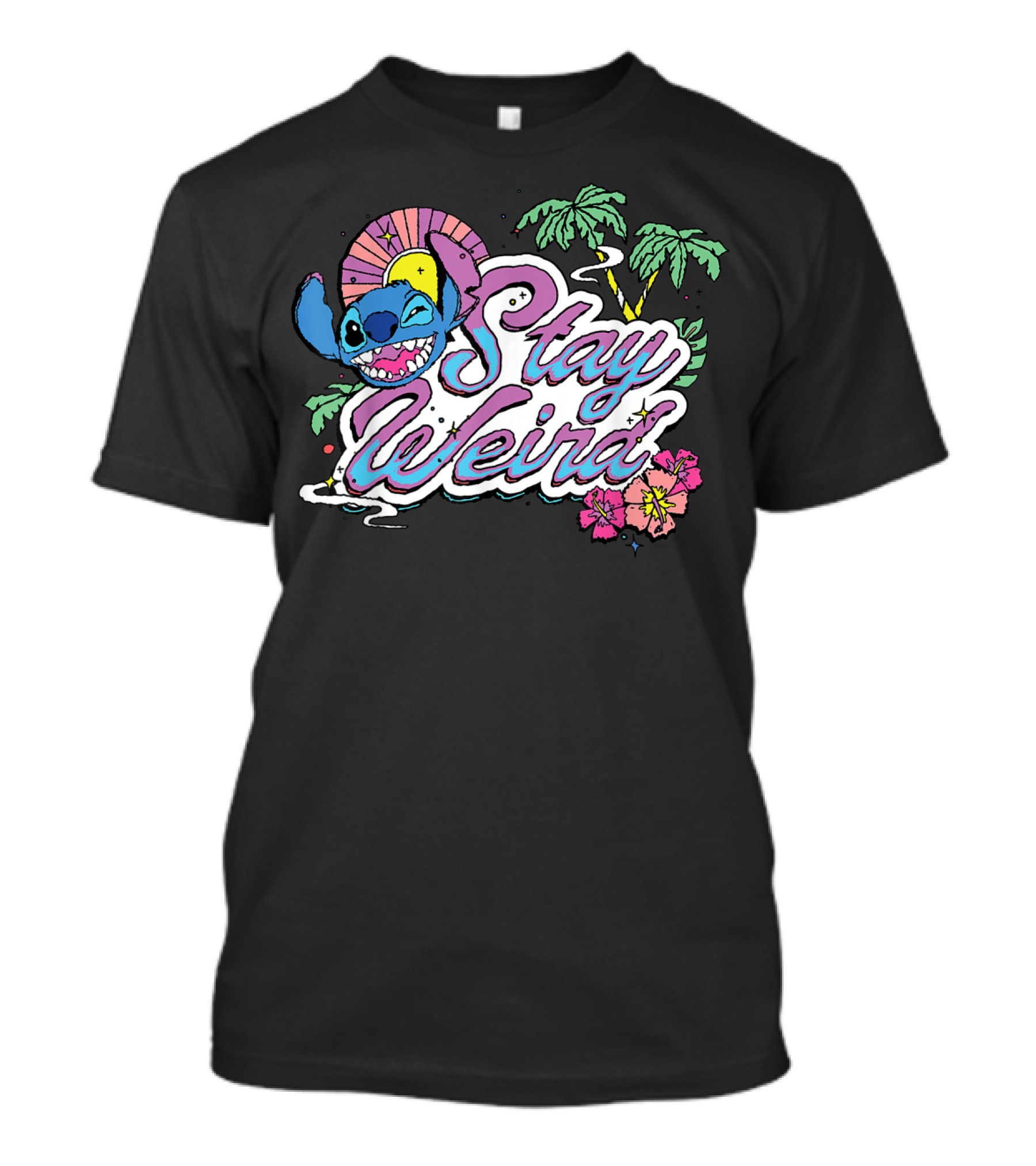 Disney Lilo Stitch Stay Weird Tropical Vibes Palm Trees Hibiscus T-Shirt