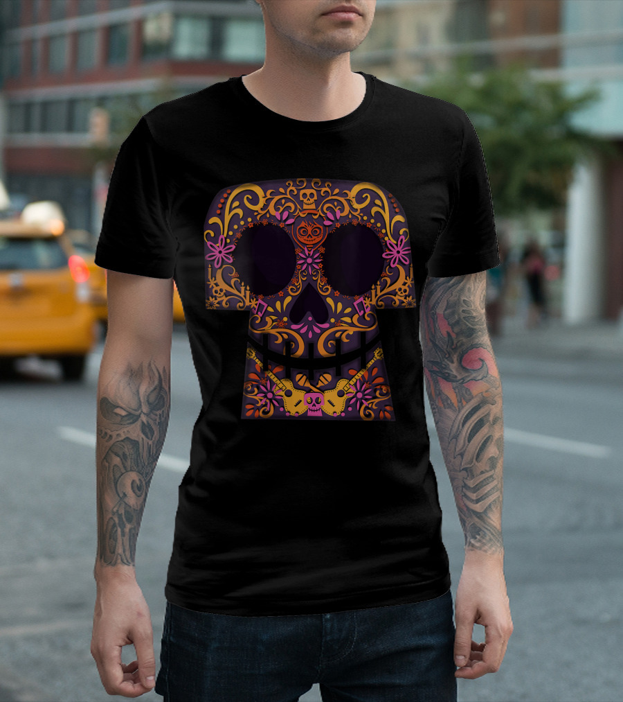 Disney Pixar Coco Sugar Skull Collage with Guitar Floral Motif T-Shirt