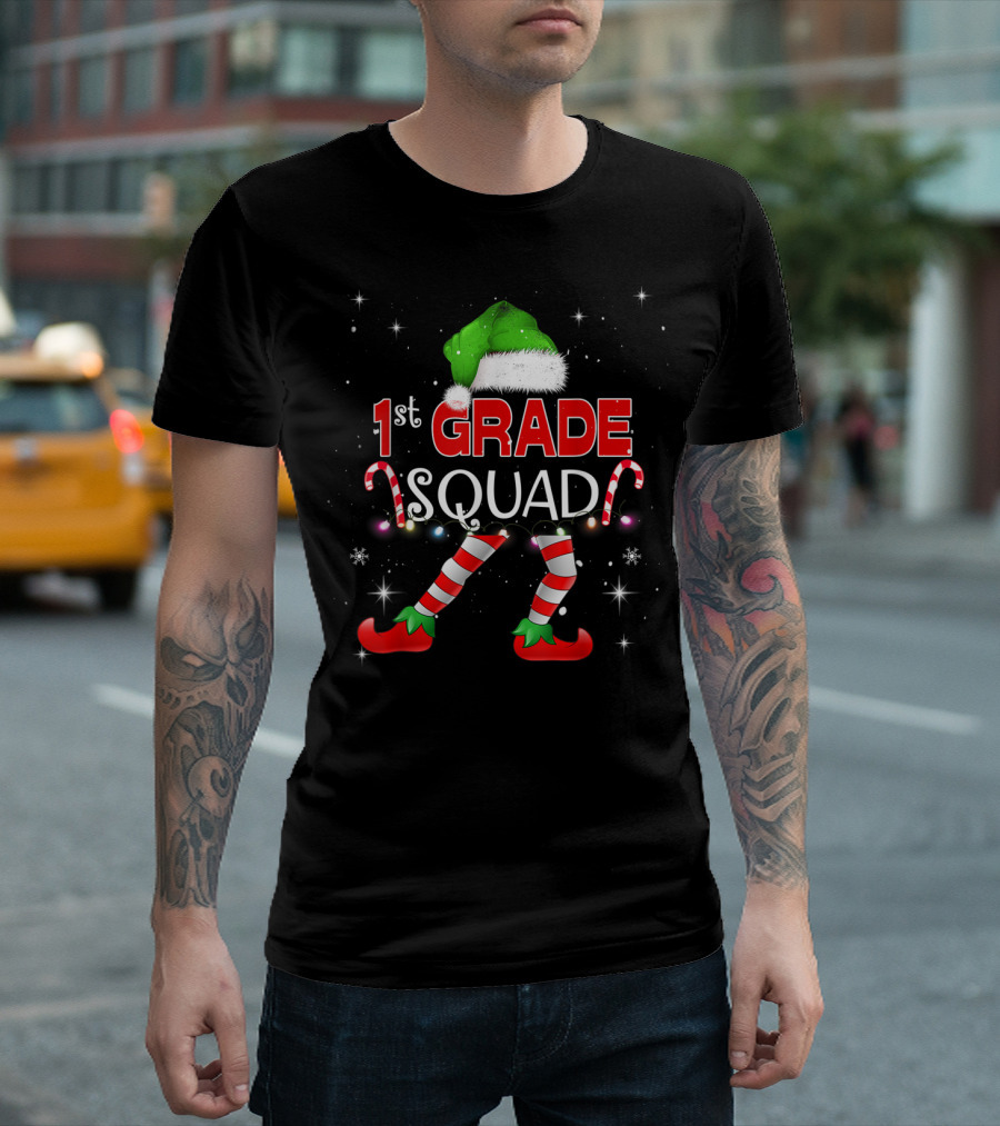 1St Grade Elf Squad Xmas Candy Cane Hat Student Teacher T-Shirt