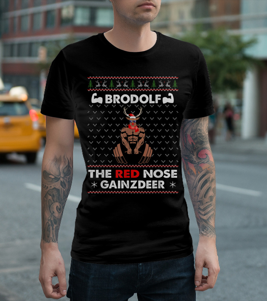 BRODOLF The Red Nose Gainzdeer Gym Bodybuilding Christmas T-Shirt