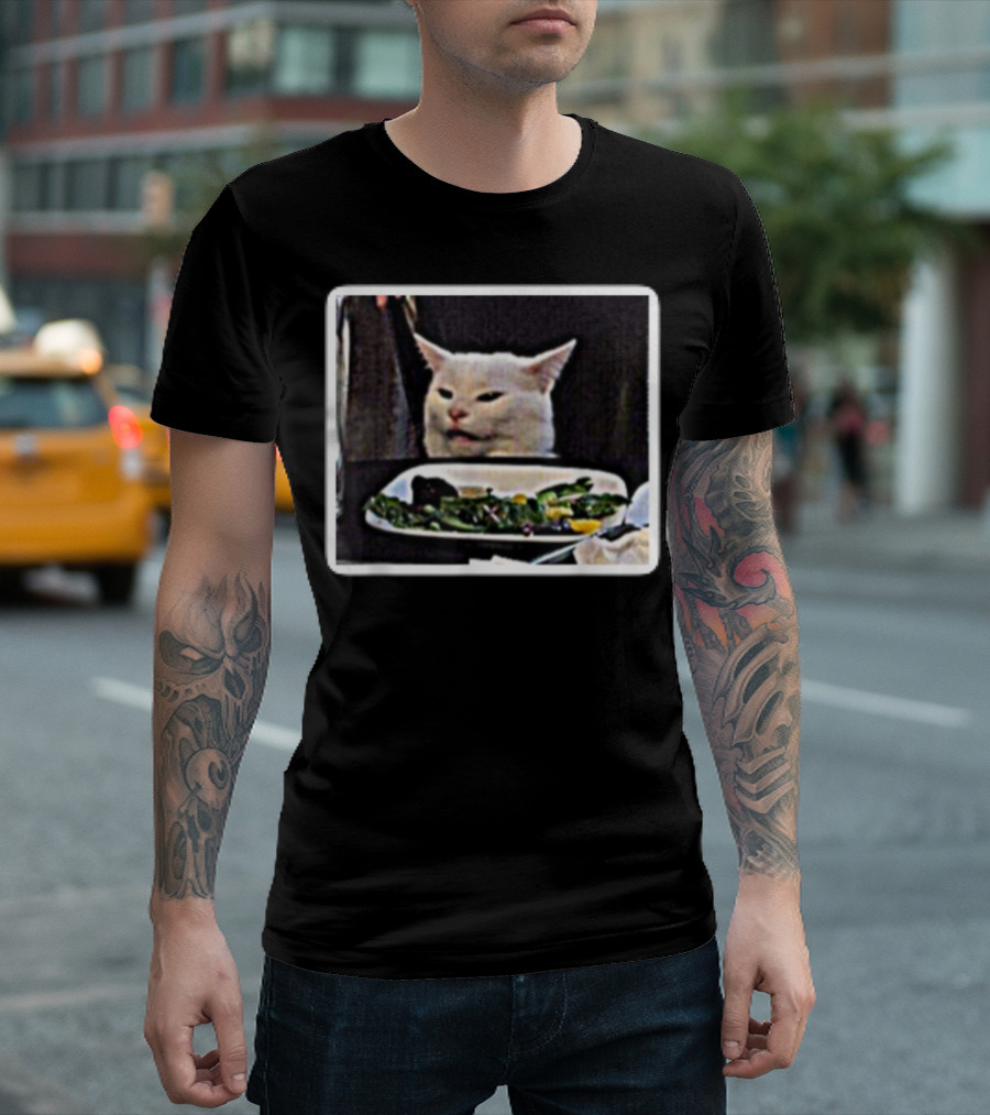 Confused Cat Meme White Cat Eating Salad T-Shirt