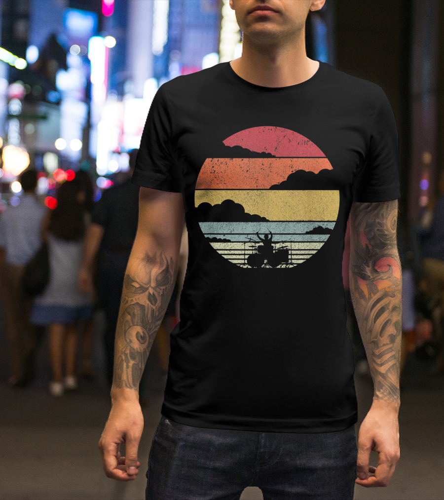 Retro Sunset Drummer Style Drum Player Ocean T-Shirt