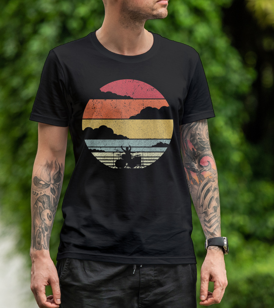 Retro Sunset Drummer Style Drum Player Ocean T-Shirt