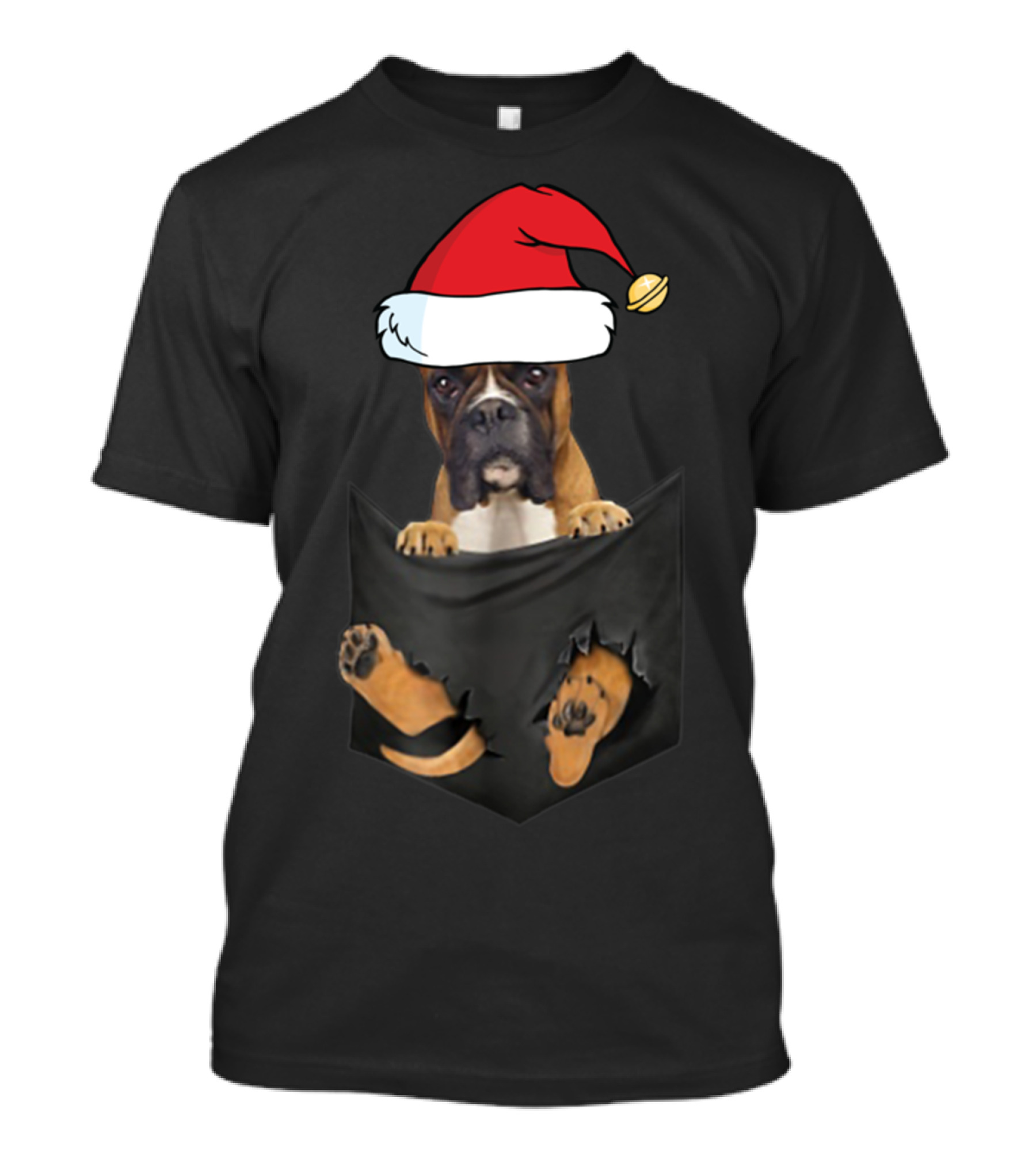 Funny Boxer Dog In Santa Hat Christmas In Pocket T-Shirt