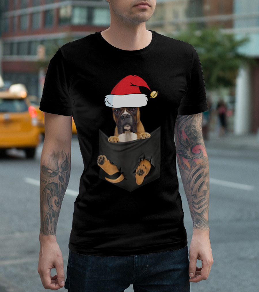 Funny Boxer Dog In Santa Hat Christmas In Pocket T-Shirt