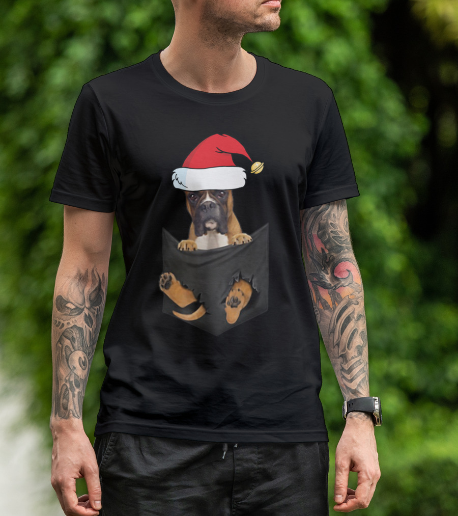 Funny Boxer Dog In Santa Hat Christmas In Pocket T-Shirt