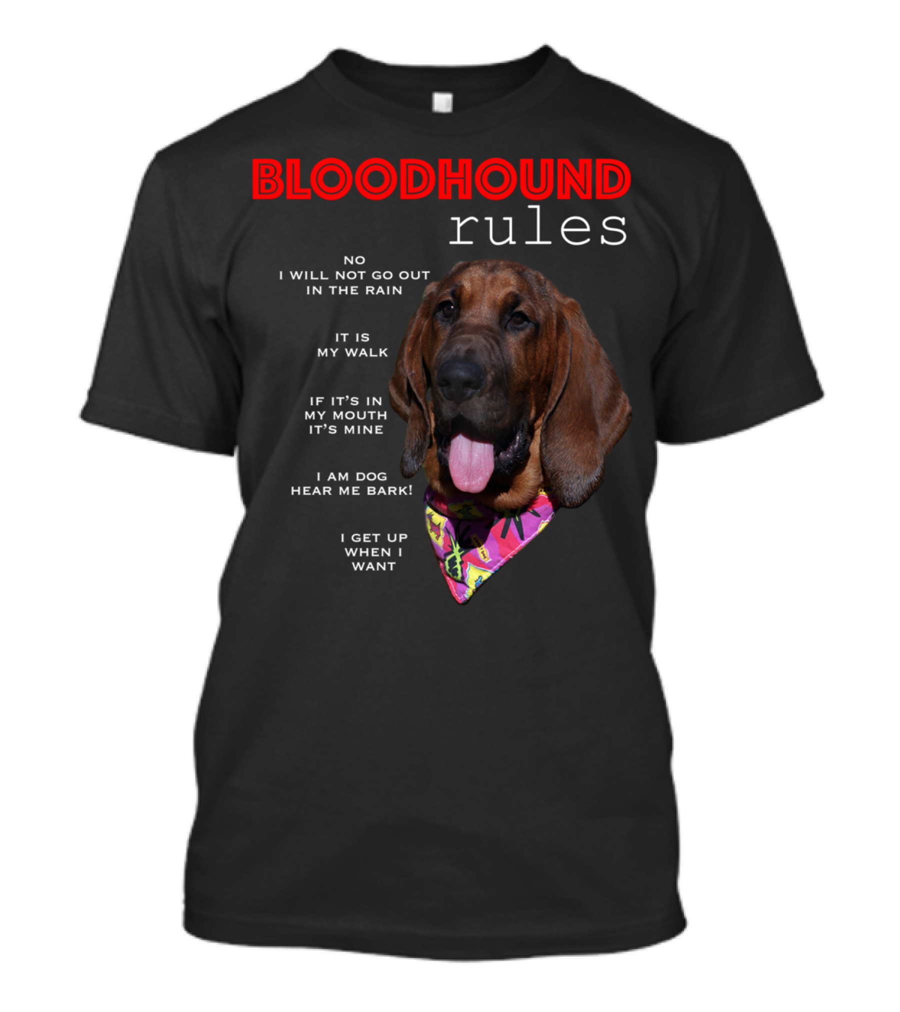 Bloodhound Rules No I Will Not Go Out In The Rain It Is My Walk If It’s In My Mouth It’s Mine I Am Dog Hear Me Bark I Get Up When I Want T-Shirt