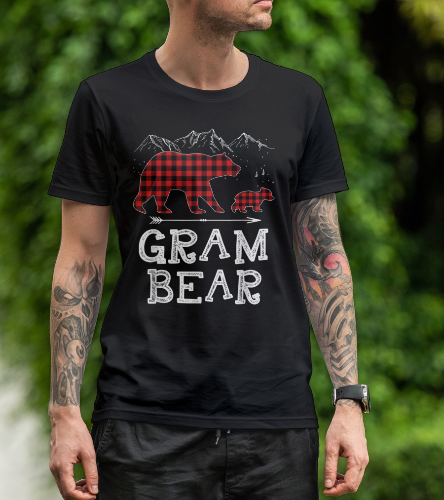 Gram Bear Buffalo Plaid Christmas Mountains T-Shirt