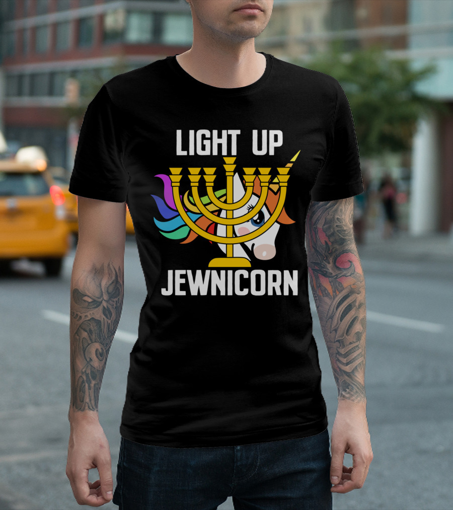 Light Up Jewnicorn Hanukkah Unicorn Menorah T-Shirt
