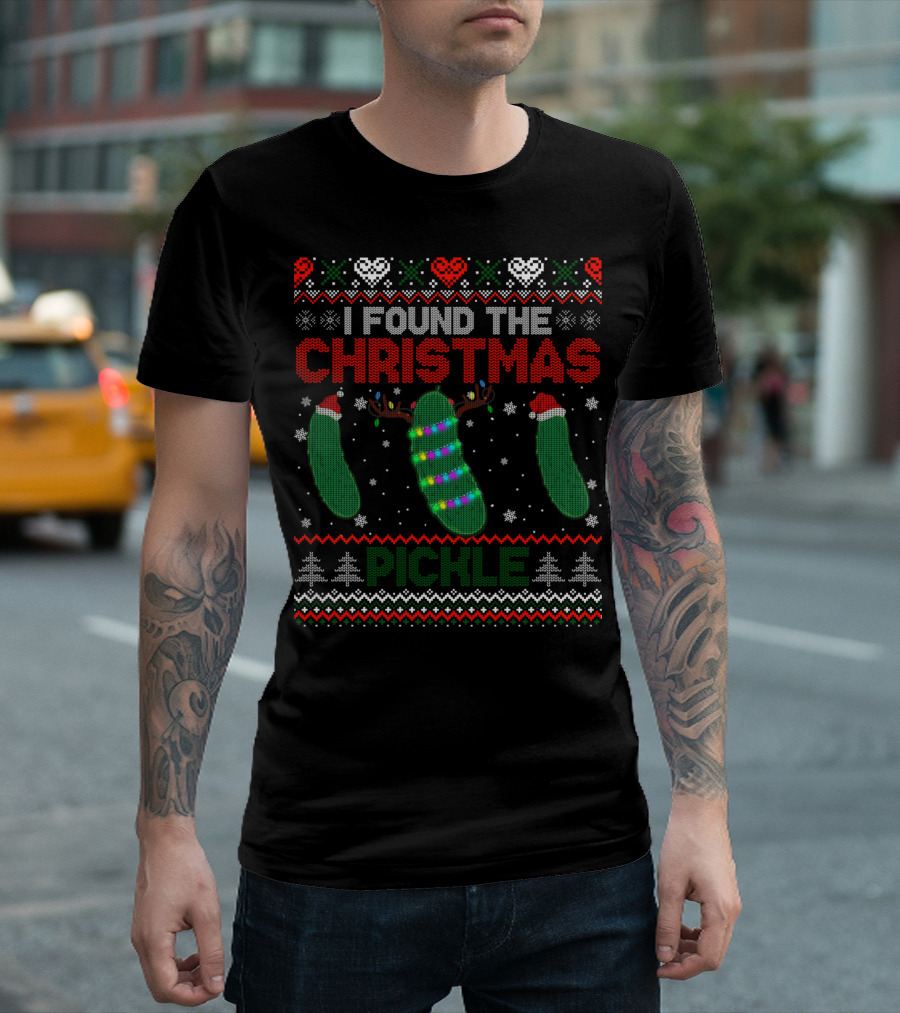 I Found The Christmas Pickle Ugly Sweater Pattern Lights and Reindeer Antlers T-Shirt