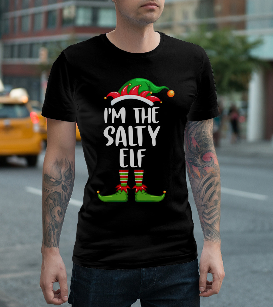 I'm The Salty Elf Festive Green Hat and Striped Stockings Humor T-Shirt