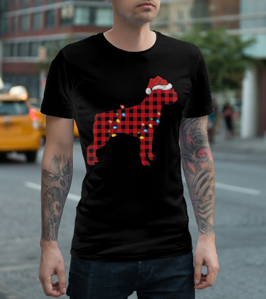 Plaid Boston Terrier Christmas Lights Santa Hat Matching Family T-Shirt