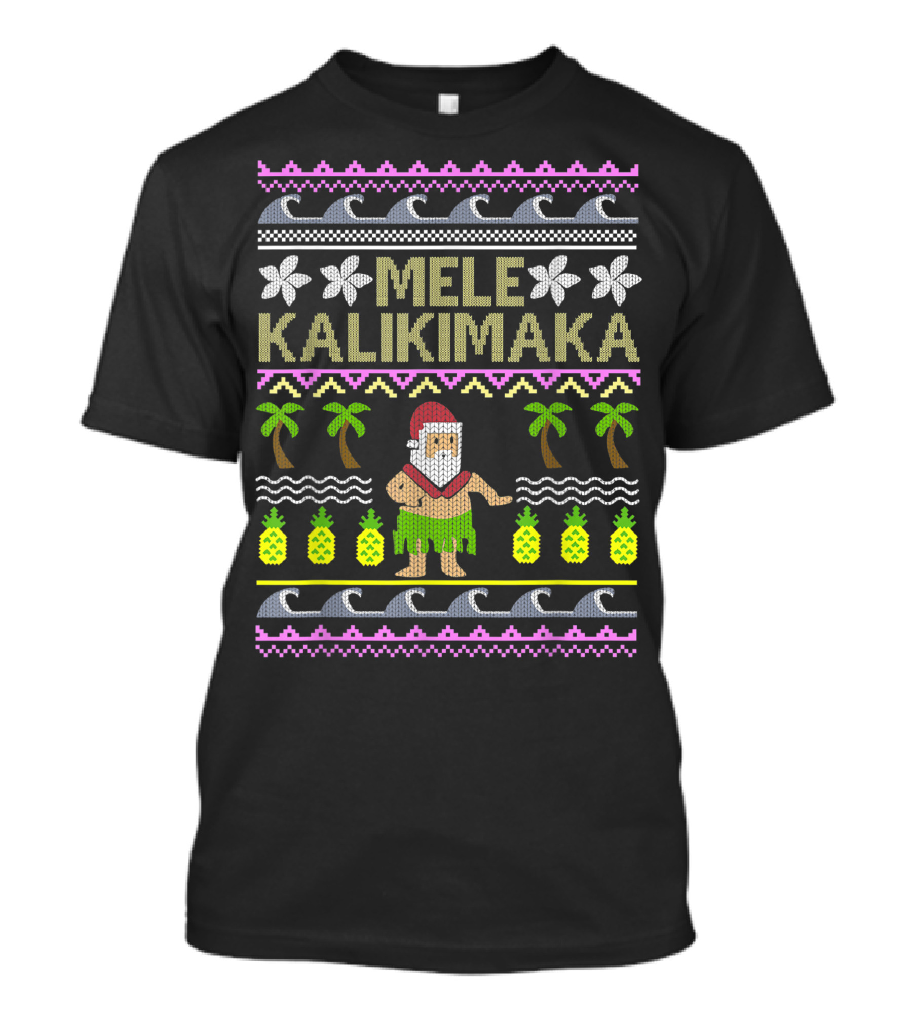 Mele Kalikimaka Funny Santa Summer Pineapples Waves Palm Trees Tropical T-Shirt