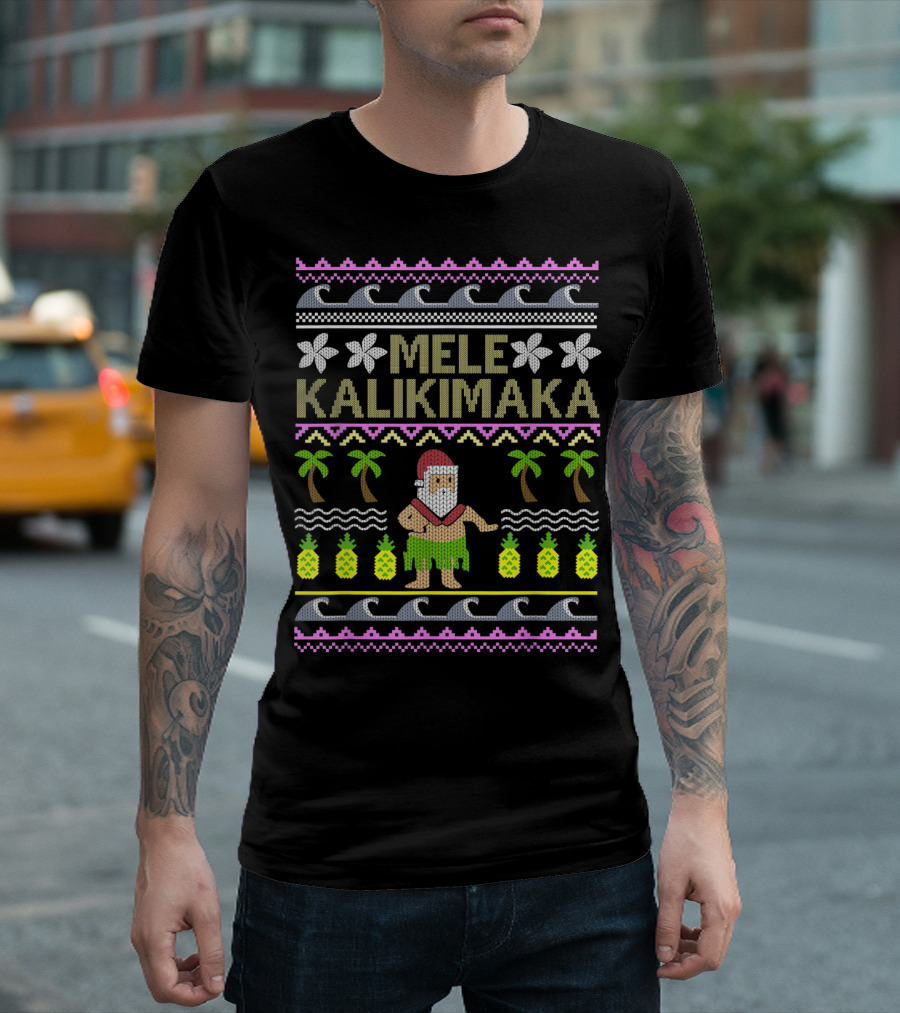 Mele Kalikimaka Funny Santa Summer Pineapples Waves Palm Trees Tropical T-Shirt