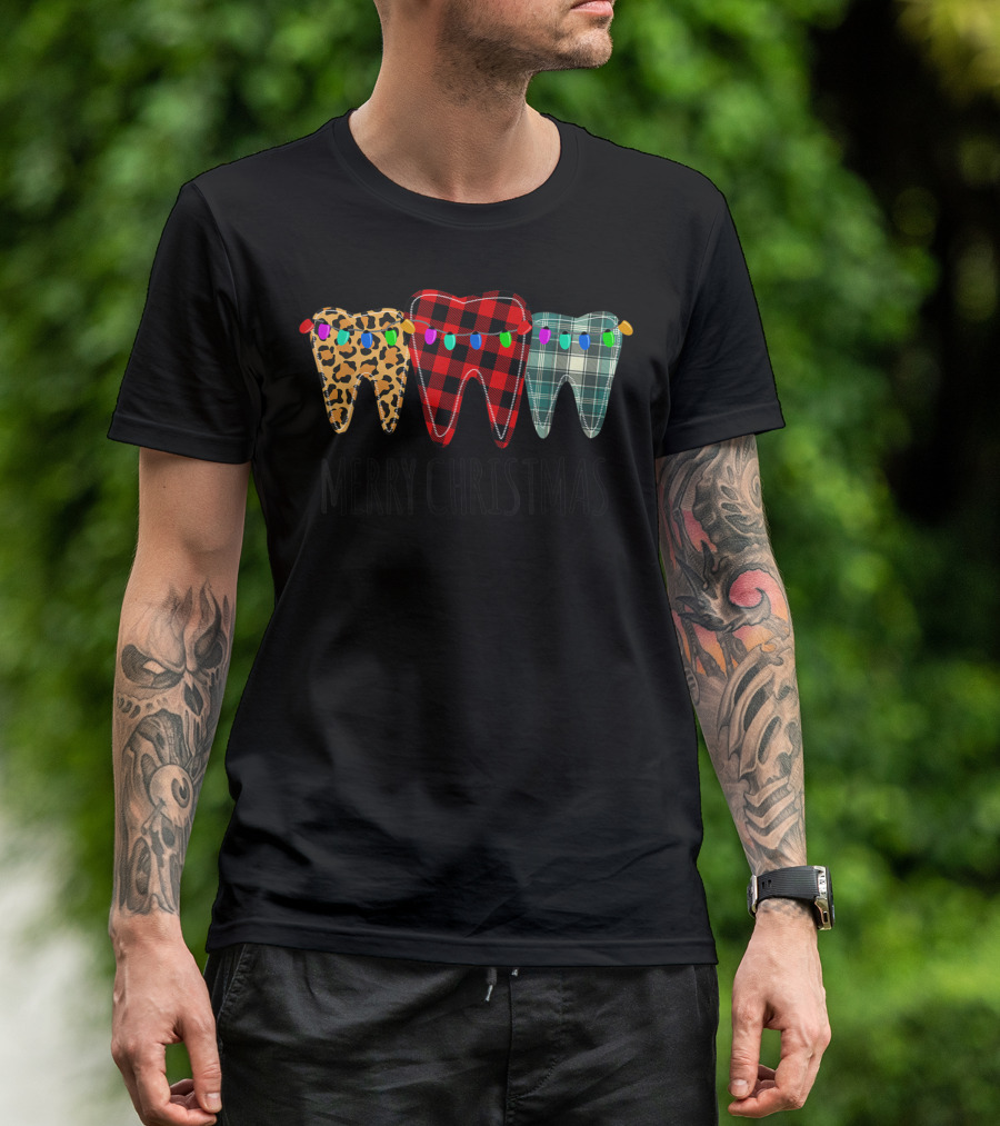 Merry Christmas Buffalo Plaid Dental Tooth Leopard Plaid Lights T-Shirt