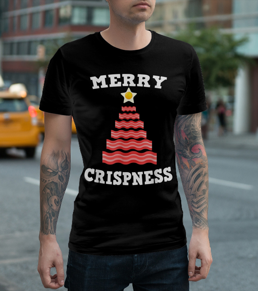 Merry Crispness Funny Bacon Tree Pun With Egg Star T-Shirt