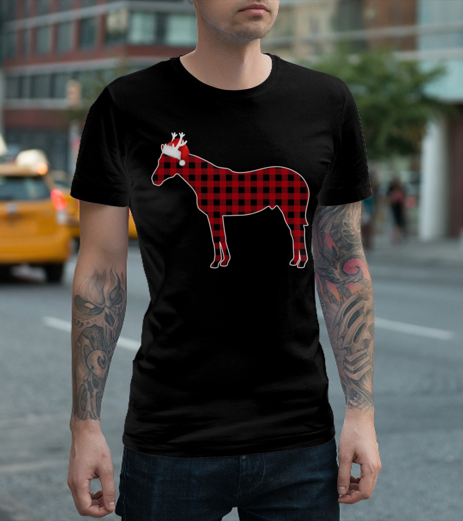 Red Buffalo Plaid Horse with Santa Hat and Antlers T-Shirt