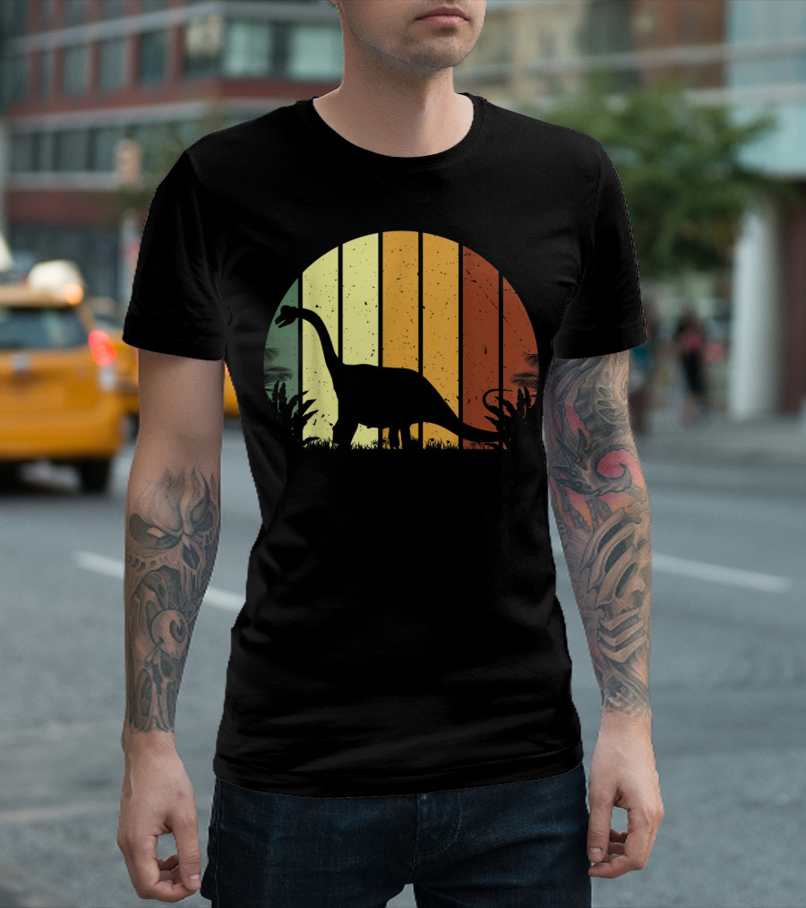 Retro Brontosaurus Dinosaur Vegetarian Silhouette in Vintage Sunset Colors T-Shirt