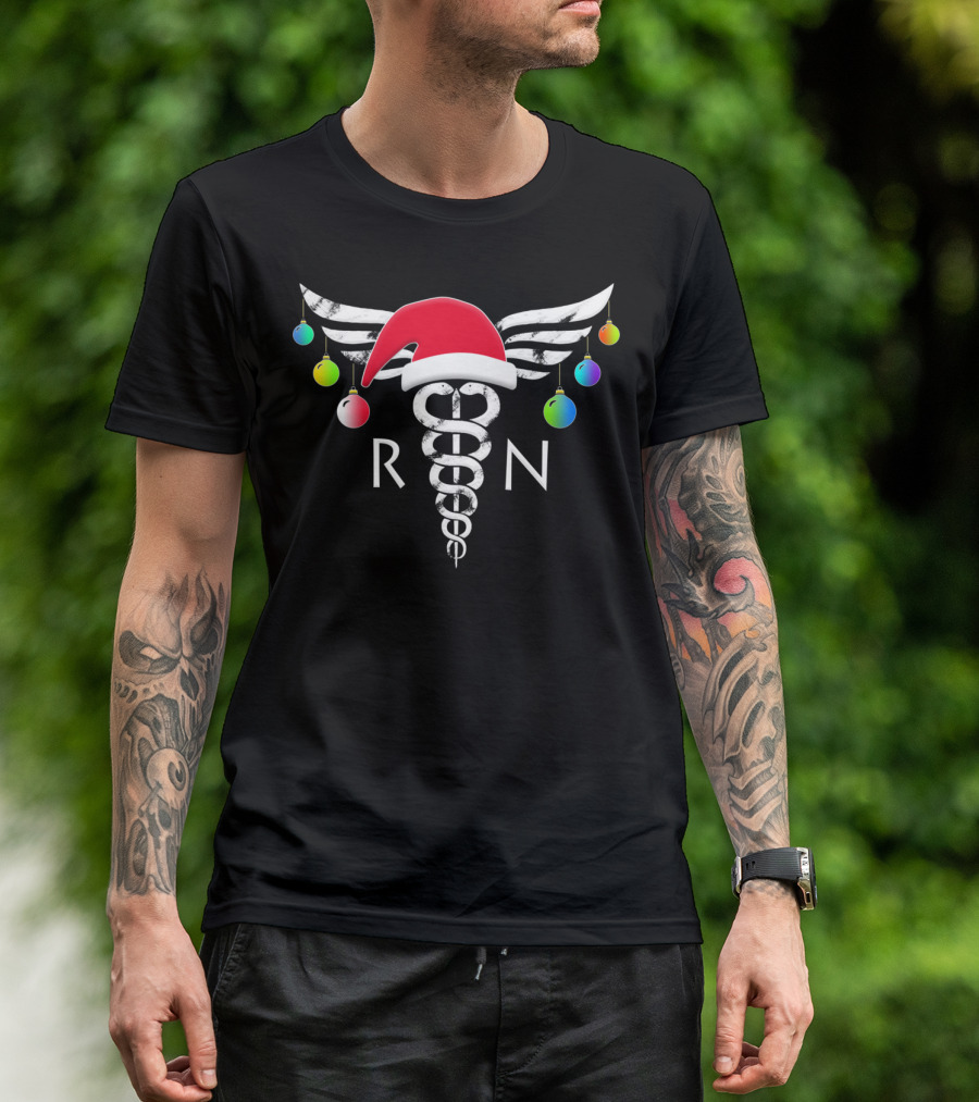 RN Christmas Caduceus With Santa Hat And Ornaments T-Shirt
