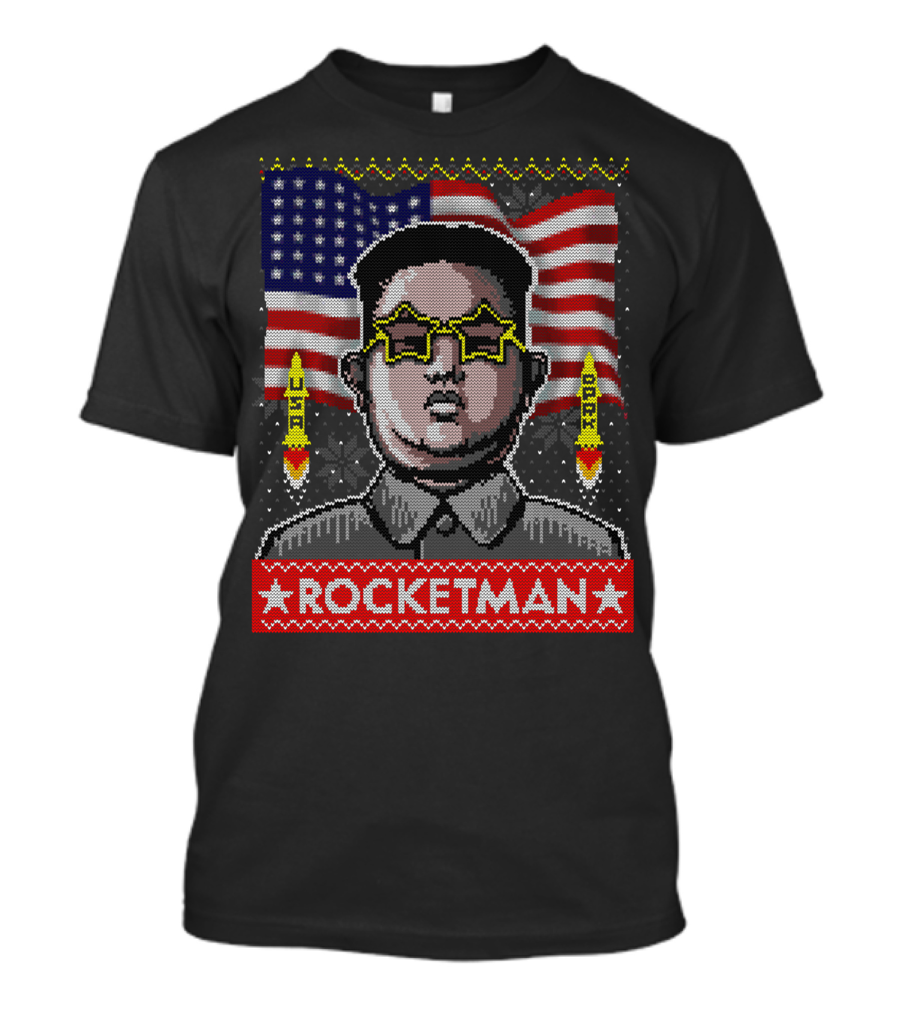 Rocketman Kim Jong Un Funny American Flag Star Glasses T-Shirt