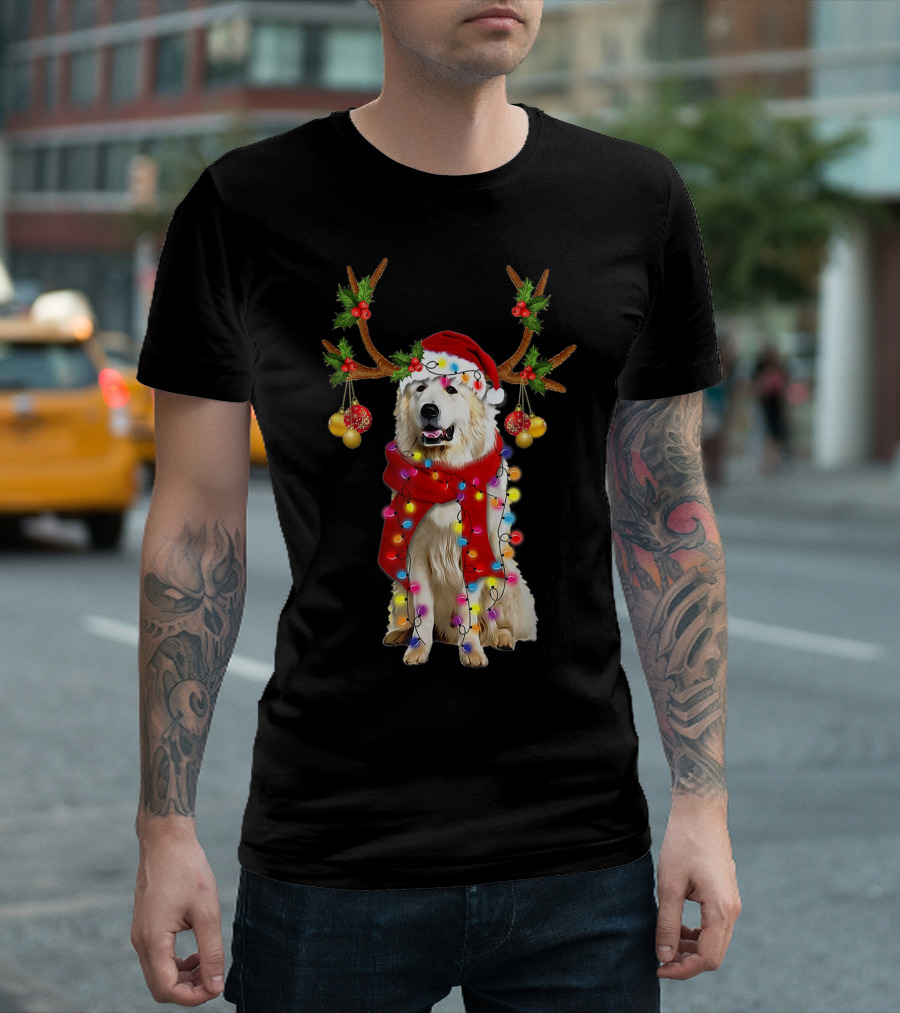 Santa Great Pyrenees Reindeer Christmas Lights T-Shirt