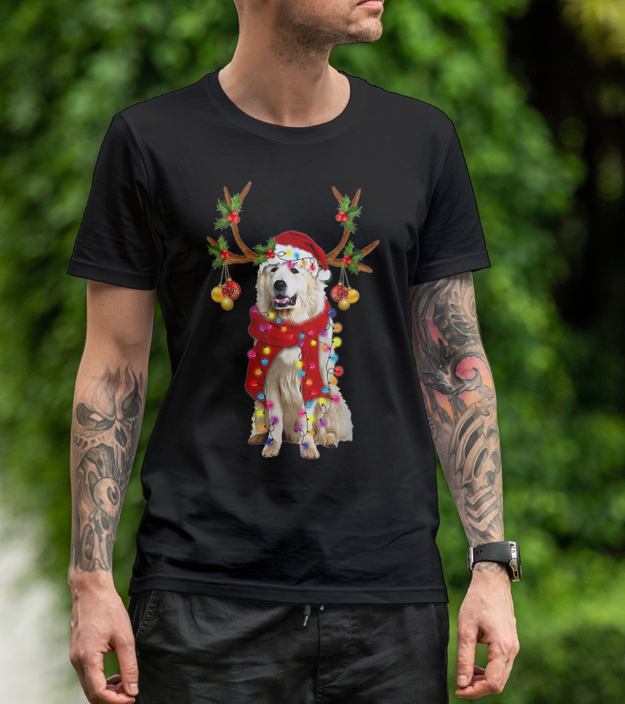 Santa Great Pyrenees Reindeer Christmas Lights T-Shirt