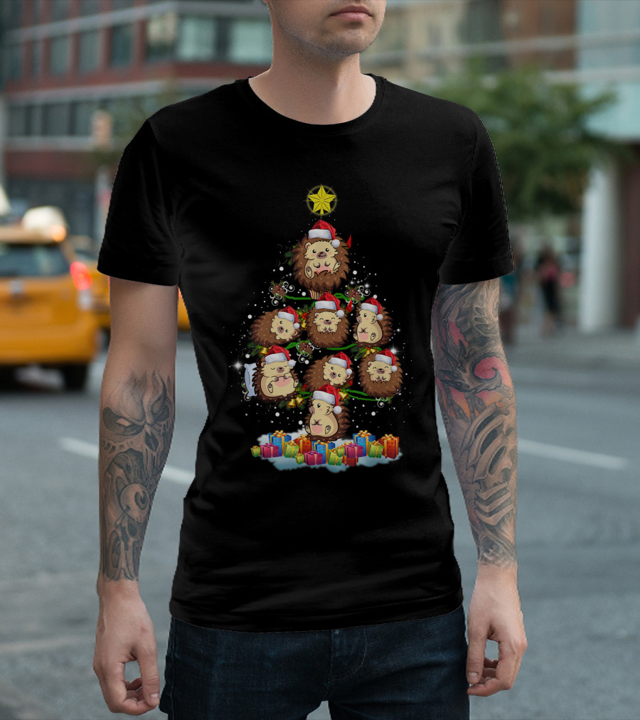 Santa Hedgehog Christmas Tree with Gifts and Funny Hedgehog Santa Hats T-Shirt
