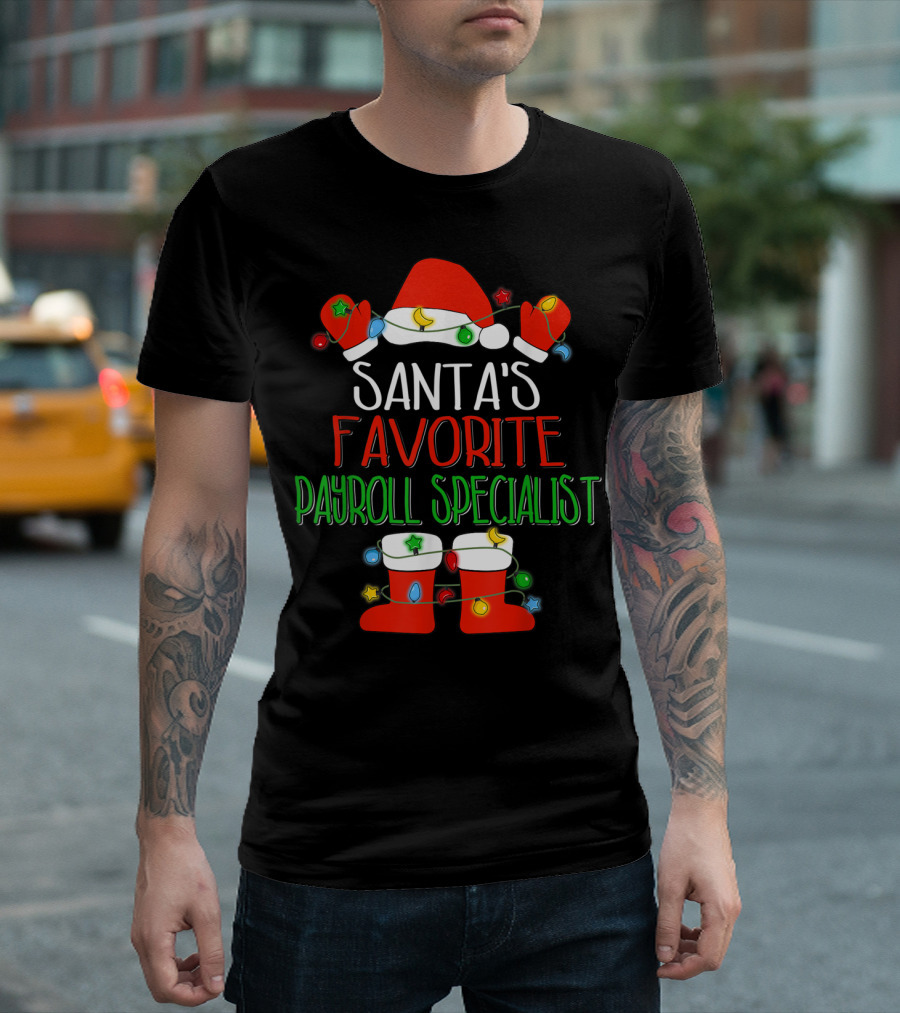 Santa's Favorite Payroll Specialist Festive Santa Hat and Boots with Christmas Lights T-Shirt
