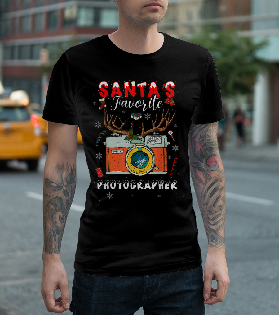 Santas Favorite Christmas Photographer Camera with Antlers T-Shirt