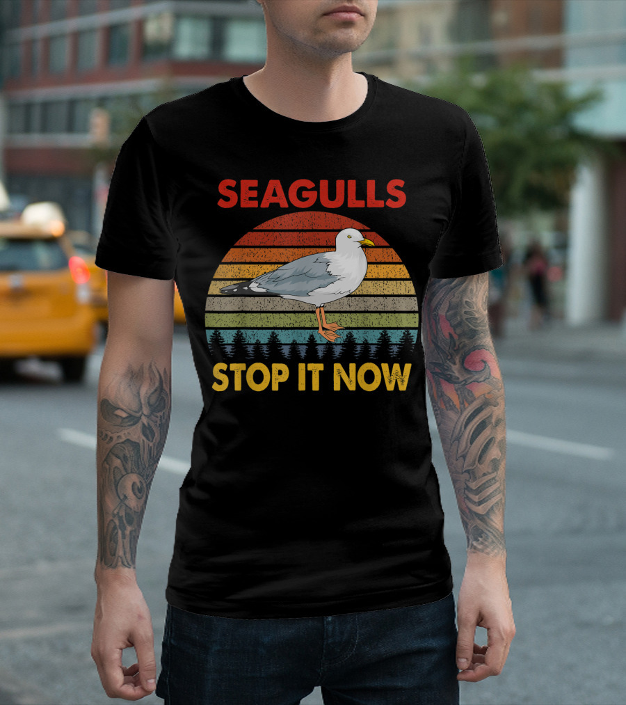 Seagulls Stop It Now Retro Sunset Bird Lover T-Shirt