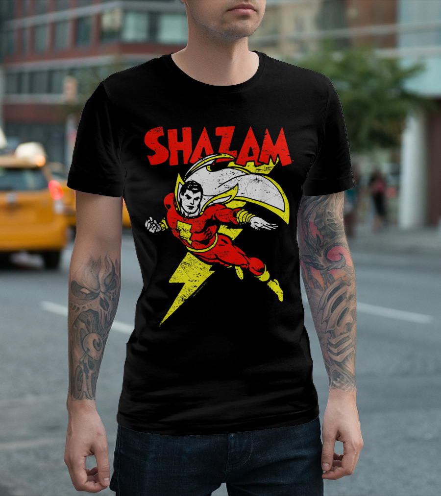 Shazam Classic Heroic Flight with Lightning Bolt T-Shirt