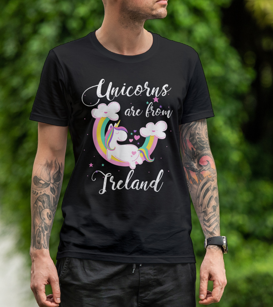Unicorns Are From Ireland Rainbow Clouds Hearts T-Shirt