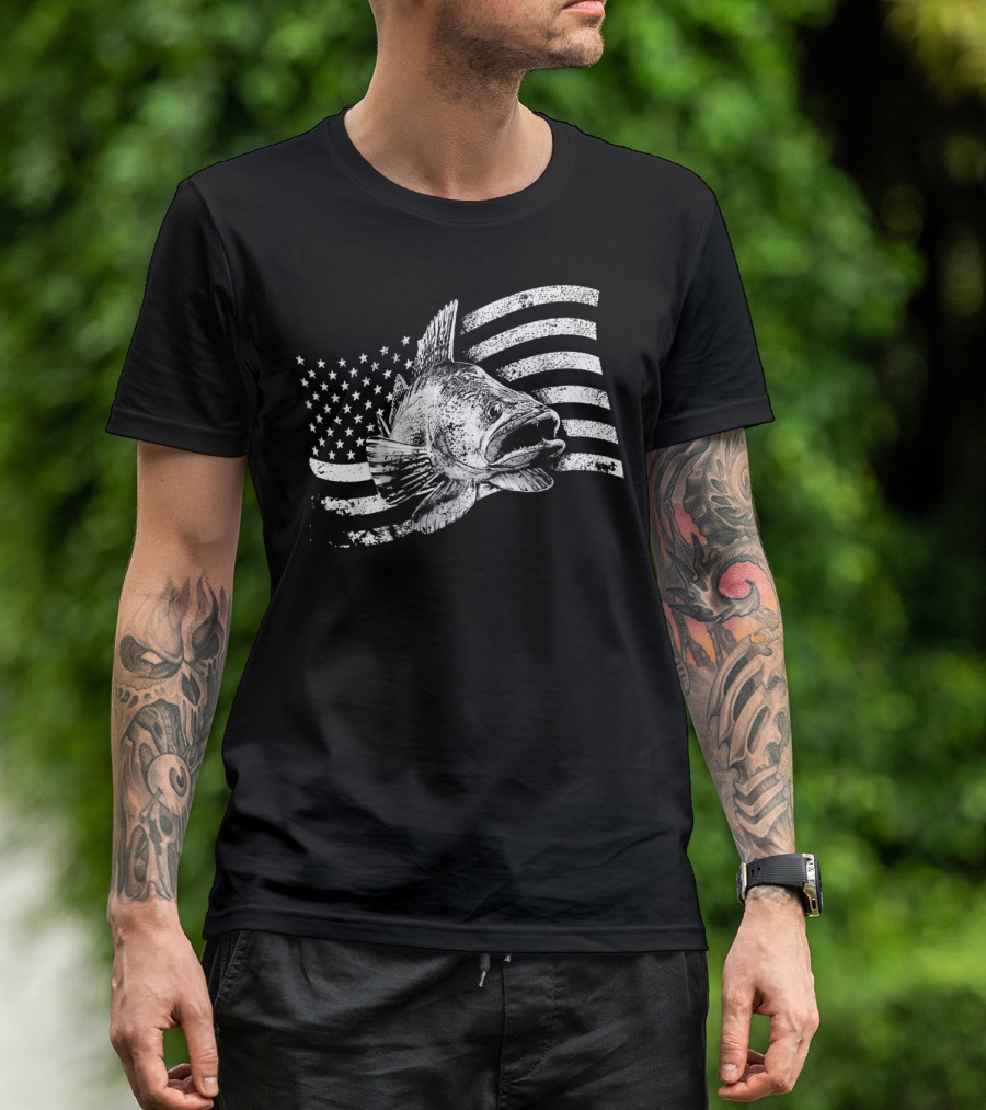 Walleye American Flag Fishing Patriotic USA T-Shirt