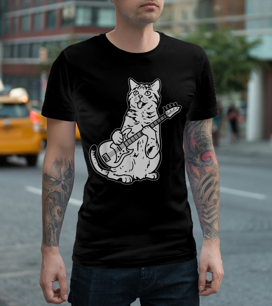 Cat Playing Bass Guitar Musician Animal Pet Rock T-Shirt